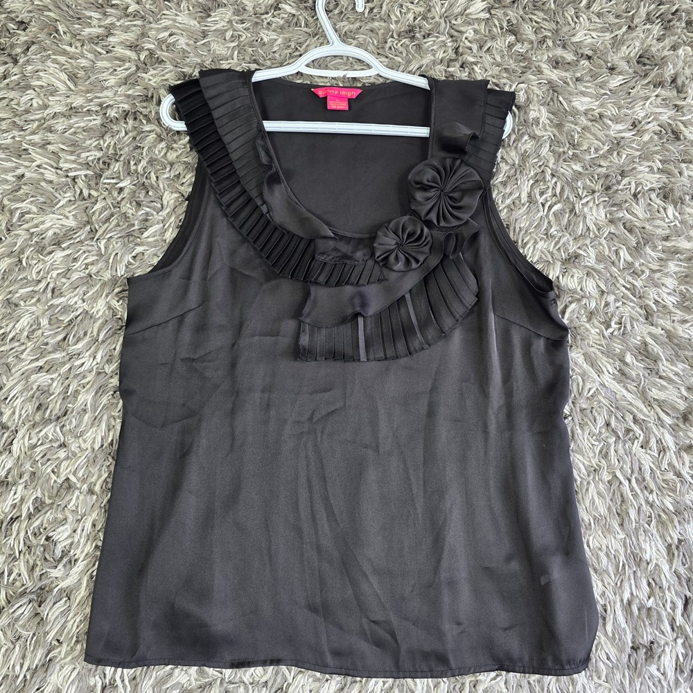 Sunny Leigh Black Pleated Ruffle Rosette Satin Sleeveless Blouse XL 3268